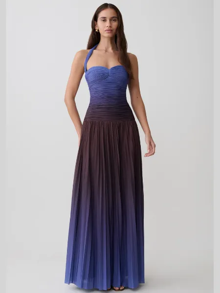 Meshki Pleated Halter Ombre Print Midi Dress